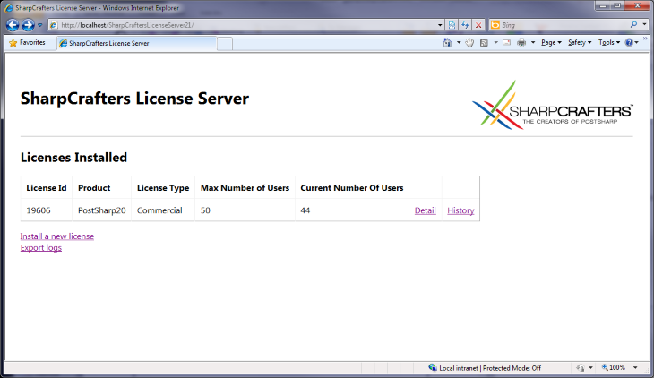 Overview of installed license keys and current number of leases