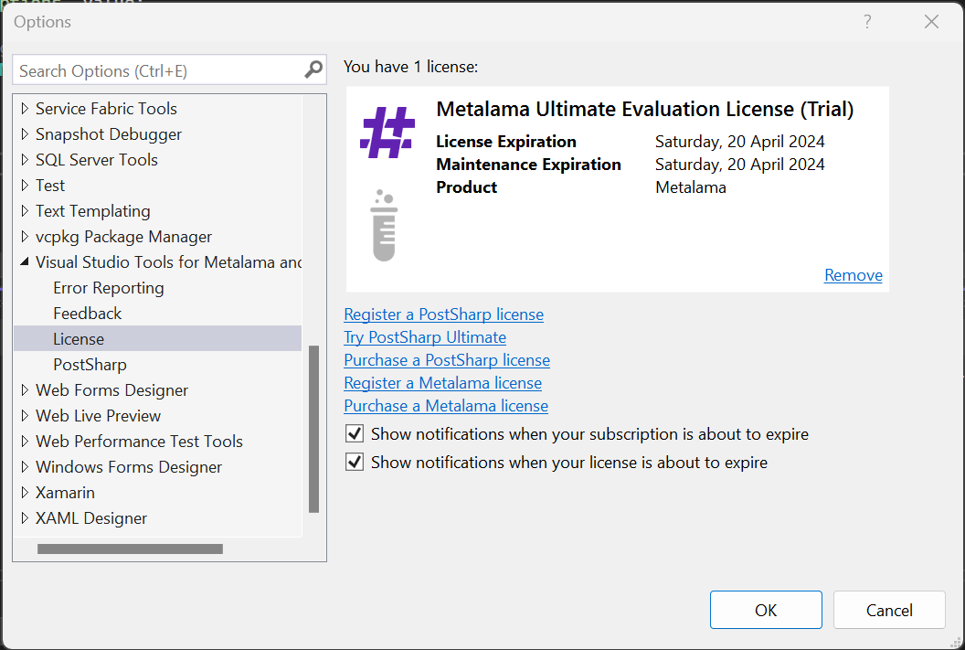 License options in the Metalama+PostSharp VSX